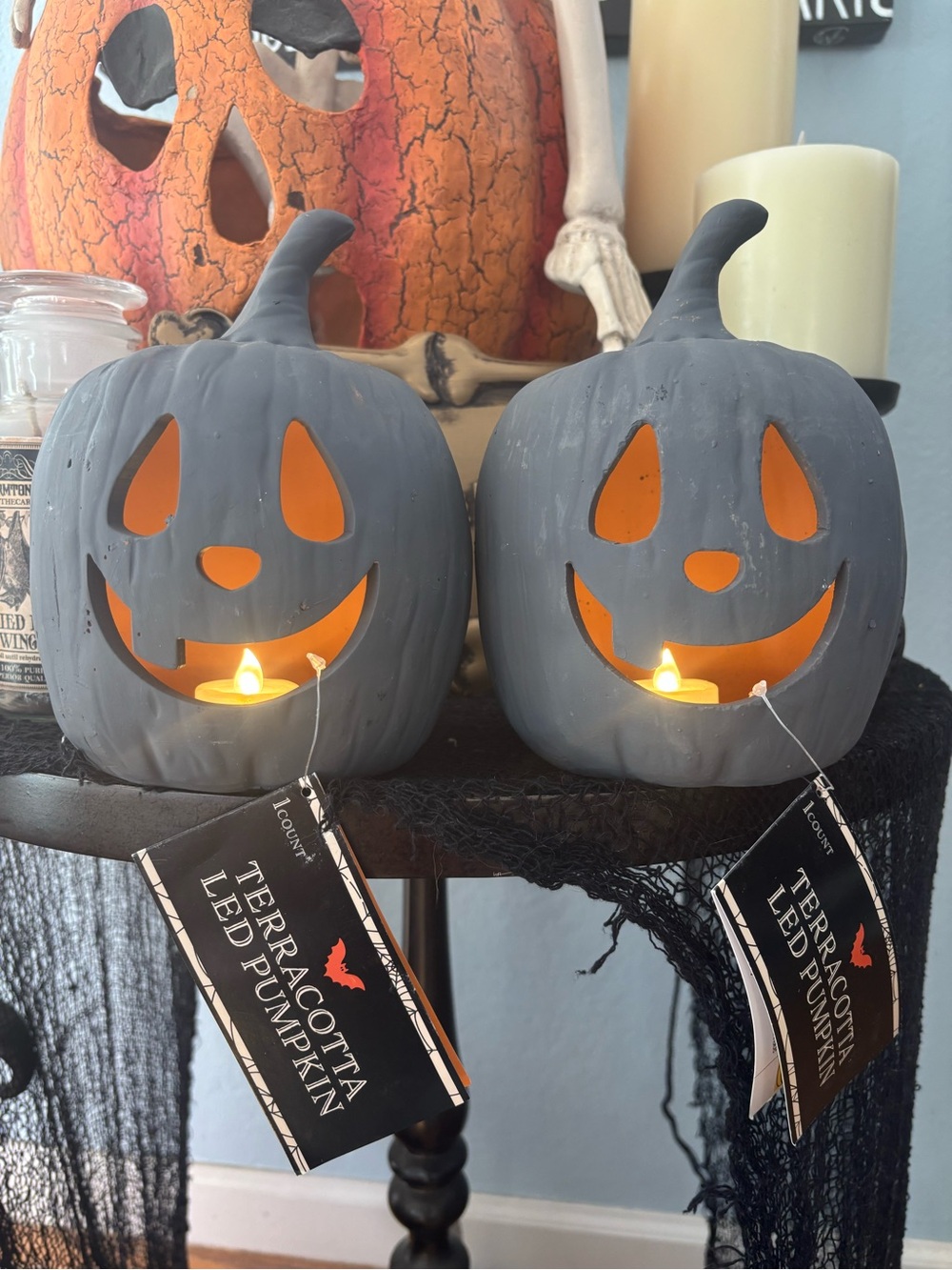 Pair Terracotta LED Halloween Pumpkins Jack Oβ Lantern Luminary Spooky New